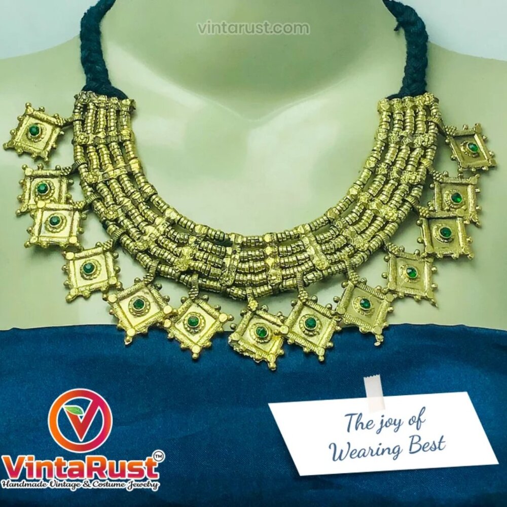 Vintage Tribal Choker Necklace: Afghani Boho Jewelry with Glass Stones